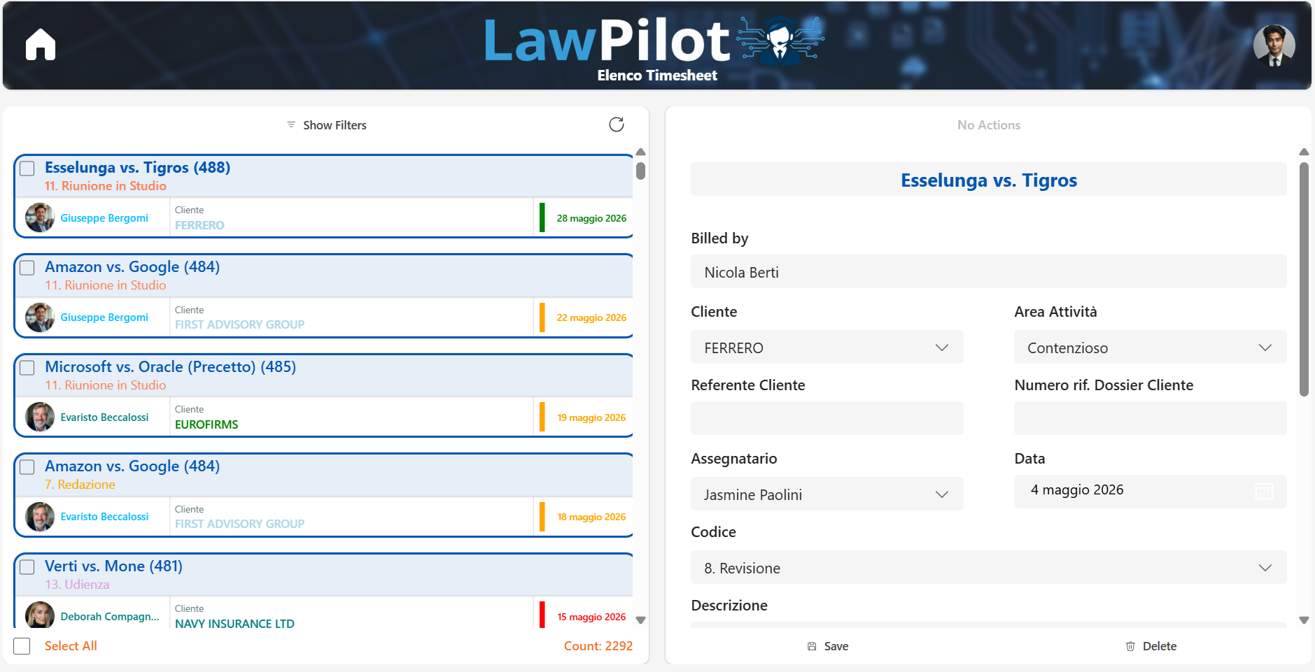 Elenco Timesheet MyLexMaster365